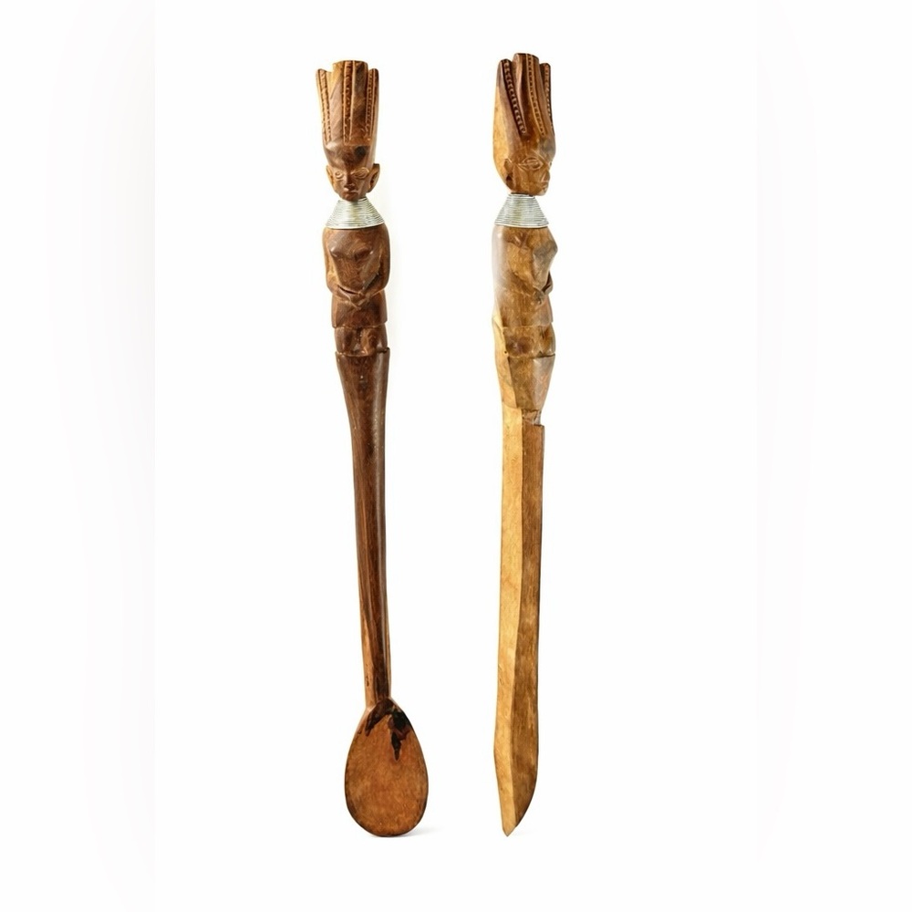 Teak Wood Tribal Vintage Wooden Serving Spoon & Knife 15” Long